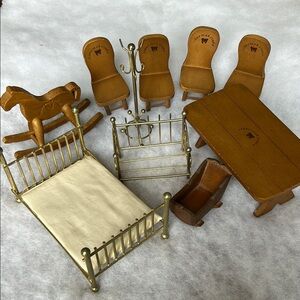 Miniature Wooden Dollhouse Furniture Set in Brown and Gold